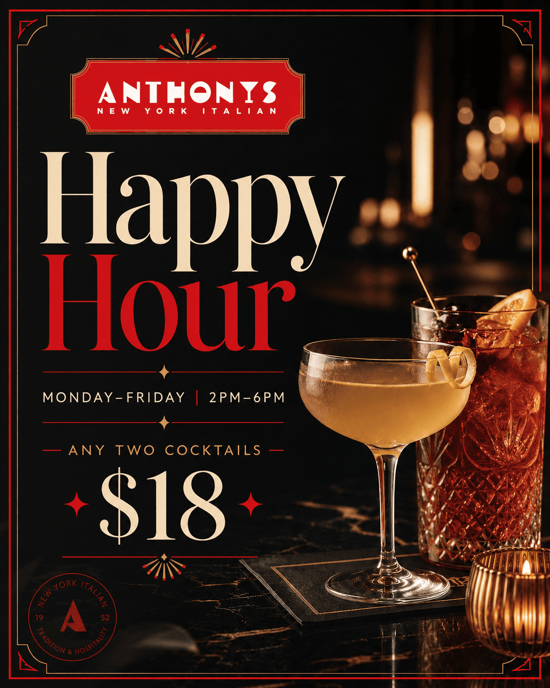 Anthonys New York Italian Happy Hour poster